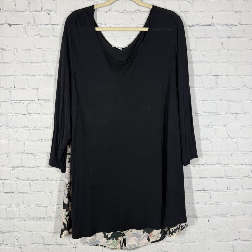 Rose + Olive Blouse Tunic Women Plus 2X Black Floral Flowy Stretch Cottage
